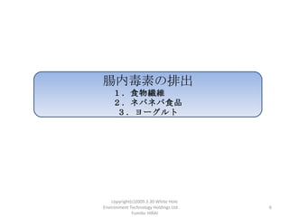 ڶؤų
    ʳￍS
    ͥХͥʳƷ
     `




    copyright(c)2009.3.30 White Hole
Environment Technology Holdings Ltd.    6
              Yumiko HIRAI
 