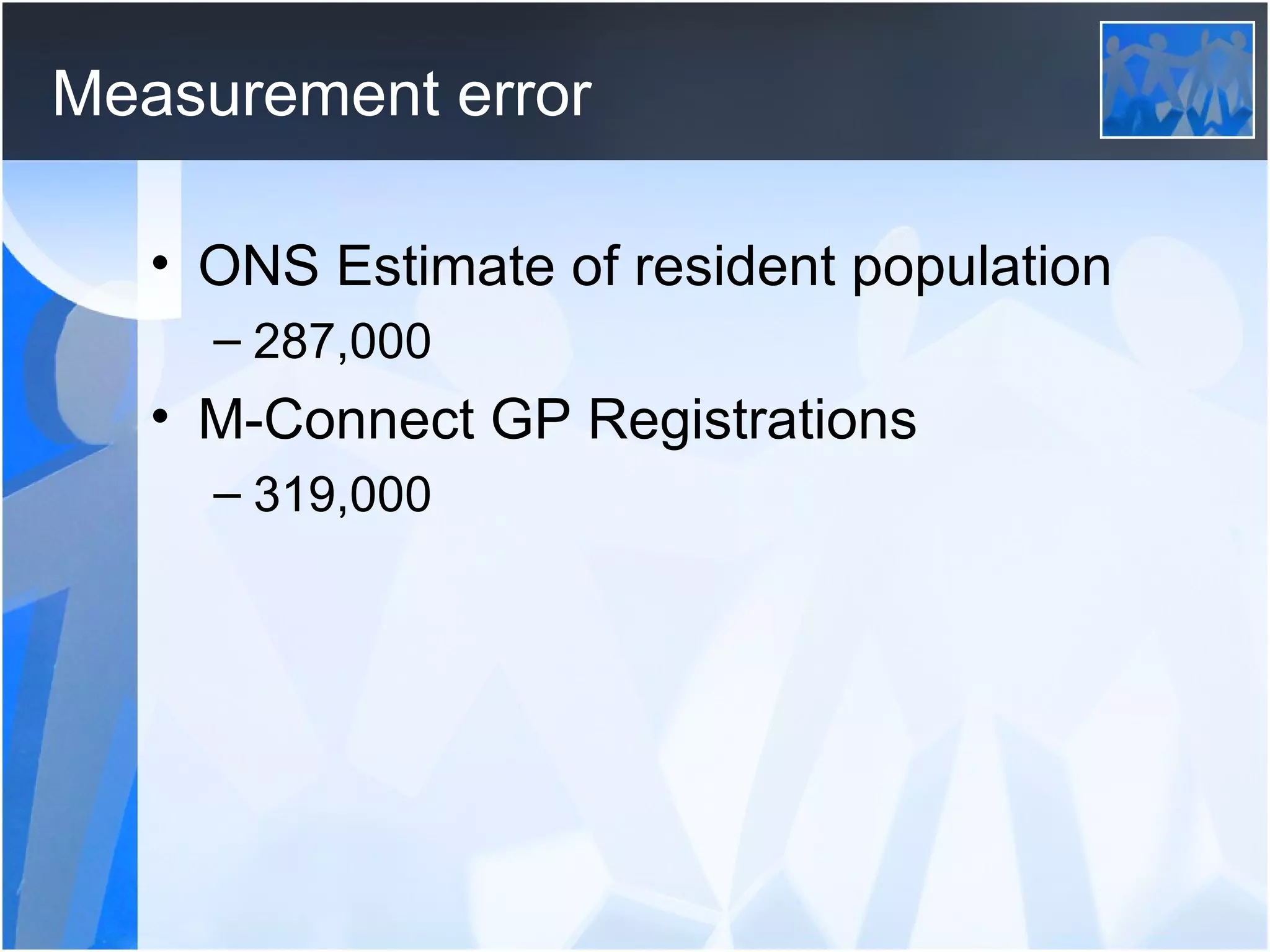 Measurement error ONS Estimate of resident population 287,000 M-Connect GP Registrations 319,000 