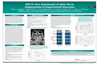 MRI In Vivo Assessment of Optic Nerve
                                                                                Degeneration in Experimental Glaucoma
                          Miller J. Ogidigben1, Alex Coimbra2, Lynn O’Neill-Davis1, M. Holahan2, Cathy Thut1, J. Cook2, D. Williams2
                                                      1
                                                       Ophthalmics Research, and 2Imaging Department, Merck Research Laboratories, West Point, PA, United States


                              Purpose                                                                                       Methods (continued)                                                                                                           Results
Glaucoma is a multifactorial neurodegenerative disease of the optic nerve        • Reconstructed images and parametric maps reoriented to standard position.            In normotensive eyes, IOP was 15.0±1.7 mmHg (mean±S.D.) and ON area was                     Figure 4. Correlation between diffusivity and IOP. Scatter
(ON) with pathophysiological consequences of unilateral or bilateral             • The chiasms were identiﬁed and cross-sectional areas (CAs) were estimated on the     6.4±0.8 mm2. In contrast, IOP in hypertensive eyes was 34.1±6.6 mmHg and                              plots showing relationship between intraocular
blindness. The clinical management is currently limited to intraocular             chiasm central coronal planes.                                                       ON area was 4.5±4.7 mm2 (single-sided t-test, P=0.027). ON CAs correlated with                        pressure and diffusivity parameters, axial and
pressure (IOP) reduction strategy. Current methods for examining ON                                                                                                     IOPs (Figure 2, Pearson’s r=0.66, P=0.008). DTI diffusivity parameters in ON                          radial diffusivity, and ADC (top panel) and
                                                                                 • CAs of left and right ONs were computed 4 mm anterior to the chiasm plane
degeneration in glaucoma are ex vivo preclinical studies and in vivo imaging                                                                                            of normotensive eyes were 1.16±0.2 and 0.71±0.23 s/mm2 for axial and radial                           fractional anisotropy (bottom panel) of the
                                                                                   (Figure 1).
of nerve ﬁber layer in the periphery of the ON head. The present study                                                                                                  diffusivity, respectively. In the ON of hypertensive eyes, those parameters were                      optic nerve. All diffusivity parameters of the ON
assessed the ability of MRI to quantify degeneration of the ON in the retro-     • Four DTI parameters were analyzed: axial and radial diffusivity; fractional          0.95±0.19 and 0.47±0.12 s/mm2, respectively (P=0.034 for axial and P=0.013 for
                                                                                   anisotropy (FA); and apparent diffusion coefﬁcient (ADC).
                                                                                                                                                                                                                                                                              increased as a linear function of IOP. Fractional
orbital space of laser-induced glaucoma monkeys, and shows that MRI                                                                                                     radial diffusivity). Fractional anisotropy was also lower in the ON of the hypertensive
                                                                                                                                                                                                                                                                              anisotropy decreased with increasing IOP.
renders quantitative indices that correlate with atrophy and IOP and may         • Intraocular pressure (IOP) was measured in all 16 eyes.                              eye (0.35±0.09) when compared with the normotensive eye (0.45±0.07, single-
be used to study IOP-induced ON degeneration (radial with respect to the                                                                                                sided t-test, P=0.0167). Finally, the overall ADC in the ON of the hypertensive eye
                                                                                 • However, data from one eye was dropped because of failure to obtain a reliable                                                                                                                                  1.6
nerve’s main axis).                                                                                                                                                     was larger (0.86±0.23 s/mm2) than in the normotensive eye (0.63±0.14 s/mm2,
                                                                                   IOP measurement.
                                                                                                                                                                        P=0.017). Pearson correlation coefﬁcients between IOP and axial and radial                                                 1.4
                                                                                 • Comparative statistical analysis was performed between ON MRI parameters of
                         Introduction                                              normotensive and hypertensive eyes. Correlation between ON parameters and
                                                                                                                                                                        diffusivity, FA, and ADC were 0.58 (P=0.02), 0.71 (P=0.003), -0.59 (P=0.02), and
                                                                                                                                                                        0.67 (P=0.006), respectively (Figure 3).




                                                                                                                                                                                                                                                                      Diffusivity (s/mm2)
                                                                                                                                                                                                                                                                                                   1.2
                                                                                   IOPs was also assessed.
The animal model of glaucoma that is close to the human disease and
most frequently used in glaucoma drug discovery studies is the monkey            Atrophy                                                                                Diffusivity                                                                                                                1.0
laser photocoagulation model. This model, unlike human glaucoma, is an                                                                                                  Figure 3. Typical diffusivity parametric maps and respective
                                                                                 Figure 1. Typical horizontal (top) and coronal (bottom) views of                                                                                                                                                  0.8
artiﬁcial model that induces intraocular pressure (IOP) elevation in two                                                                                                          anatomical images.
                                                                                           the chiasm and ON delineated by yellow contours.
to three months. However, like human glaucoma, the monkey model of                                                                                                                                                                                                                                 0.6
elevated IOP induced by repeated circumferential laser photocoagulation
of the trabecular meshwork is considered by many to be the best choice of                                                                                                                                                                                                                                                                                          axial diff
                                                                                                                                                                                                           chiasm                                                                                  0.4
animal models to study human glaucoma. The anatomy of the iridocorneal                                                                                                                                       eyes                                                                                                                                                  radial diff
angle and physiology in the monkey eye are similar to the human eye. The
                                                                                                                                                                                     Anatomy                                                                                                       0.2
                                                                                                                                                                                                                                                                                                                                                                   ADC
sustained elevated IOP in the monkey glaucoma model is associated with
a reduction of outﬂow facility, nerve ﬁber layer defects, and progressive                                                                                                                                                                                                                          0.0
enlargement of the cup-to-disc ratio, similar to human chronic open-angle                                                                                                            Fractional                                                                                                          5              15               25               35               45
glaucoma. The IOP of the monkey glaucoma model responds to single and                                                                                                                                                                                                                                                                 IOP (mmHg)
multiple dosing of antiglaucoma drugs in a manner similar to humans.The
                                                                                                                                                                                     Anisotropy
effects of laser treatment on uveoscleral outﬂow and aqueous ﬂow, two
parameters that are important in the control of IOP, showed that aqueous                                                                                                                                                                                                                           0.6




                                                                                                                                                                                                                                                                      Fractional Anisotropy (FA)
humor dynamics could be understood in this model. The model, therefore,                                                                                                              Trace = 3x




                                                                                                                                                                          DTI Data
                                                                                                                                                                                                                                                                                                   0.6
provides for a better prediction of the human response to a drug. The optic                                                                                                          Mean Diff
nerves of laser-induced glaucoma monkeys show similar characteristics of                                                                                                                                                                                                                           0.5                                                           FA
cupping as humans, and visual ﬁeld changes have been demonstrated in
clinical studies. However, it has been assumed that degenerating ganglion                                                                                                                                                                                                                          0.5
cell axons could result in atrophic or degenerative optic nerve. Since ocular                                                                                                        Axial                                                                                                         0.4
imaging technology is primarily restricted to use in viewing inside the eye,                                                                                                         Diffusivity
we employed magnetic resonance imaging technology to explore regions                                                                                                                                                                                                                               0.4
of the optic nerve beyond the globe in a monkey model of elevated IOP.
The objective of this study was to assess diffusion tensor imaging (DTI)                                                                                                                                                                                                                           0.3
parameters as a biomarker for optic nerve degeneration in monkeys with
                                                                                                                                                                                     Radial
                                                                                                                                                                                                                                                                                                   0.3
chronically elevated IOP.                                                                                                                                                            Diffusivity
                                                                                                                                                                                                                                                                                                   0.2
                              Methods                                                                                                                                                              right        left                   right       left
                                                                                                                                                                                                                                                                                                         5              15              25
                                                                                                                                                                                                                                                                                                                                      IOP (mmHg)
                                                                                                                                                                                                                                                                                                                                                 35                        45
                                                                                 Figure 2. ON atrophy and IOP. Scatter plot showing relationship
Animal:                                                                                    between intraocular pressure and cross-sectional area
Female cynomolgus monkeys (Macaca fascicularis) (3-5 kg) were maintained                   of the optic nerve of corresponding eye in monkeys with
on a 12-hour light/dark cycle during these experiments. Animal care and                    experimental glaucoma. Cross-sectional area of the ON
treatment in this investigation complied with the ARVO resolution in the
                                                                                           is reduced as a linear function of IOP.
use of animals for research, and all procedures had prior approval by the
Institutional Animal Care and Use Committee (IACUC) of Merck & Co., Inc.
• Experiments were conducted in 8 cynomolgus monkeys (10-11 yrs)
  scanned ~2 years after photocoagulation of the right eye trabecular
                                                                                                                8.0                                                                                                                                   Conclusion
                                                                                      ON Cross-sectional Area




  meshwork to induce increase of intraocular pressure.
                                                                                                                7.0
                                                                                                                                                                           This study shows that MRI may be used to study ON degeneration induced by increased IOP in vivo. Longitudinal studies will be
Imaging:                                                                                                        6.0
                                                                                                                                                                           required to determine the onset and rate of optic nerve degeneration to conﬁrm the suitability of this MRI methodology to delineate
• Siemens Trio 3T magnet.
                                                                                                                5.0                                                        surrogate markers for disease progression and address potential beneﬁt of novel therapies to glaucoma patients.
                                                                                              (mm2)




• T1 weighted MPRAGE pulse sequence (TR/TE/TI/FA=1.47/4.38/870/12)
  was used to obtain high-resolution images (0.5x0.5x0.8 mm3) of the                                            4.0
  animals’ whole heads.                                                                                                          y = -0.1122x + 8.2041
                                                                                                                3.0
• Diffusion tensor imaging (DTI) scans to assess integrity of the ON                                                                 R2 = 0.4321
  (TR/TE/TI=11.4 s/118ms/2.2 s; beta=0, 1000 s/mm2, 30 diffusion-                                               2.0
  sensitizing gradient directions, image resolution 1.5x1.5x1.5 mm3).                                           1.0
Analysis:
                                                                                                                0.0
• Parametric maps of diffusivity and diffusion anisotropy extracted from the
                                                                                                                      0.0     10.0      20.0       30.0   40.0   50.0
                                                                                                                                                                                                                                                                    Reference
  DTI data (DTI Studio).
                                                                                                                                                                                                                                                                    1. Radius and Pederson. Arch Ophthalmol. 1984.
                                                                                                                                         IOP (mmHg)

                                                                                                                                                                                                                                                                                                   Copyright ©2009 Merck & Co., Inc., Whitehouse Station, NJ, USA. All Rights Reserved.

                                                                                                                                                                                                                    2009-0359ogidigbe_ARVO.indd 04/22/09 ARVO, 5/3/2009 Final Size: 66” x 44”, Scale 200%
 