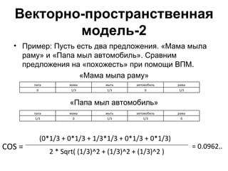 Векторно-пространственная модель-2 Пример: Пусть есть два предложения. «Мама мыла раму» и «Папа мыл автомобиль». Сравним предложения на «похожесть» при помощи ВПМ. «Мама мыла раму» «Папа мыл автомобиль» папа мама мыть автомобиль рама 0 1/ 3 1 / 3 0 1/ 3 папа мама мыть автомобиль рама 1 /3 0 1/3 1/3 0 COS = (0*1/3 + 0*1/3 + 1/3*1/3 + 0*1/3 + 0*1/3)  = 0.0962.. 2 * Sqrt( (1/3)^2 + (1/3)^2 + (1/3)^2 ) 