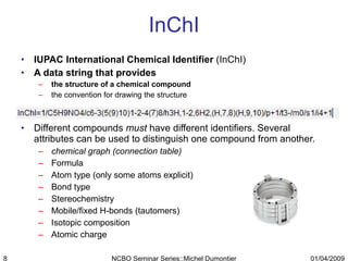 InChI IUPAC International Chemical Identifier  (InChI) A data string that provides the structure of a chemical compound  the convention for drawing the structure Different compounds  must  have different identifiers. Several attributes can be used to distinguish one compound from another.  chemical graph (connection table)  Formula Atom type (only some atoms explicit) Bond type Stereochemistry Mobile/fixed H-bonds (tautomers) Isotopic composition Atomic charge 01/04/2009 NCBO Seminar Series::Michel Dumontier 