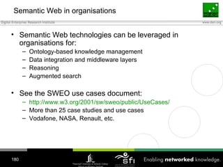 <ul><li>Semantic Web technologies can be leveraged in organisations for: </li></ul><ul><ul><li>Ontology-based knowledge ma...