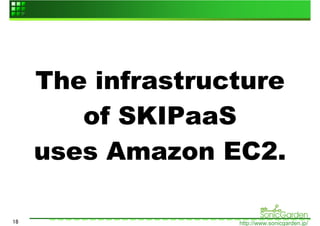 The infrastructure
        of SKIPaaS
     uses Amazon EC2.

18                 http://www.sonicgarden.jp/
 