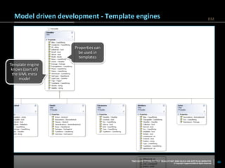 Model driven development - Template engines                                                                   RM




                   Properties can
                     be used in
                     templates
Template engine
 knows (part of)
 the UML meta
     model




                                    TWO GUYS TRYING TO TALK REALLY FAST AND BUILD AN APP IN 45 MINUTES                 43
                                                                       © Copyright Capgemini2008 All Rights Reserved
 