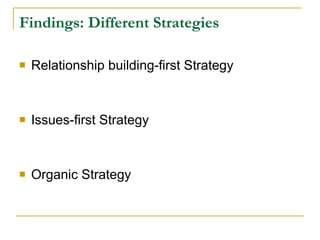 Findings: Different Strategies   Relationship building-first Strategy  Issues-first Strategy  Organic Strategy  