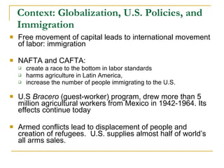 Context: Globalization, U.S. Policies, and Immigration Free movement of capital leads to international movement of labor: immigration  NAFTA and CAFTA:   create a race to the bottom in labor standards  harms agriculture in Latin America,  increase the number of people immigrating to the U.S.   U.S  Bracero  (guest-worker) program, drew more than 5 million agricultural workers from Mexico in 1942-1964. Its effects continue today Armed conflicts lead to displacement of people and creation of refugees.  U.S. supplies almost half of world’s all arms sales. 