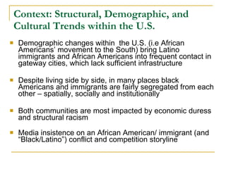 Context: Structural, Demographic, and Cultural Trends within the U.S.  Demographic changes within  the U.S. (i.e African Americans’ movement to the South) bring Latino immigrants and African Americans into frequent contact in gateway cities, which lack sufficient infrastructure Despite living side by side, in many places black Americans and immigrants are fairly segregated from each other – spatially, socially and institutionally Both communities are most impacted by economic duress and structural racism Media insistence on an African American/ immigrant (and “Black/Latino”) conflict and competition storyline  