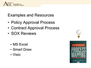 Examples and Resources Policy Approval Process Contract Approval Process SOX Reviews MS Excel Smart Draw Visio 
