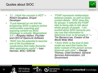 Quotes about SIOC “ I […] think the concept is HOT”  – Robert Douglass, Drupal Developer “ It just dawned on me that the burgeoning SIOC-o-sphere (online communities exporting and exposing content via SIOC Ontology) is actually: Blogosphere 2.0”  – Kingsley Idehen, Founder and CEO of OpenLink Software “ SIOC has the potential to become one of the foundational vocabularies that make Semantic Web applications useful”  – Ivan Herman, W3C / ERCIM “ FOAF represents relationships between people, as well as basic contact details.  SIOC does this for groups: it extends the FOAF idea to being able to talk about whole groups of people.  I am excited about SIOC because you can use that information to determine trust, to let people in.”  – Tim Berners-Lee, Creator of the World Wide Web “ I think SIOC is the kind of data model we want that tracks the dollar instead of the person across disparate web sites”  – George Thomas, Chief Architect, General Services Administration, US Government 