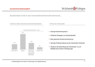 SACHKOSTEN MANAGEMENT



Sachkosten sind in der Immobilienwirtschaft dominant...



KOSTEN EINES WOHNUNGSUNTERNEHMENS1)                                     TYPISCHE PROBLEME



                        SACHKOSTENANTEIL = 82%
                                                                          Geringe Kostentransparenz
                     52%

                                                                          Fehlende Strategien pro Sachkostenfeld

                                                                          Breit gestreute Kostenverantwortung
                                      22%
    18%                                                                   Geringe Professionalisierung der Sachkosten Einkäufer
                                                       8%
                                                                          Häufig ist die Behandlung der Sachkosten nur ein
                                                                           Abfallprodukt anderer Überlegungen
 PERSONAL           BEKO          INSTAND-        SONSTIGE
                                  HALTUNG/
                                  MODERNI-
                                  SIERUNG




 1) Klientenbeispiel ohne Zukauf von Wohnungen und Projektentwicklung                                                          1
 