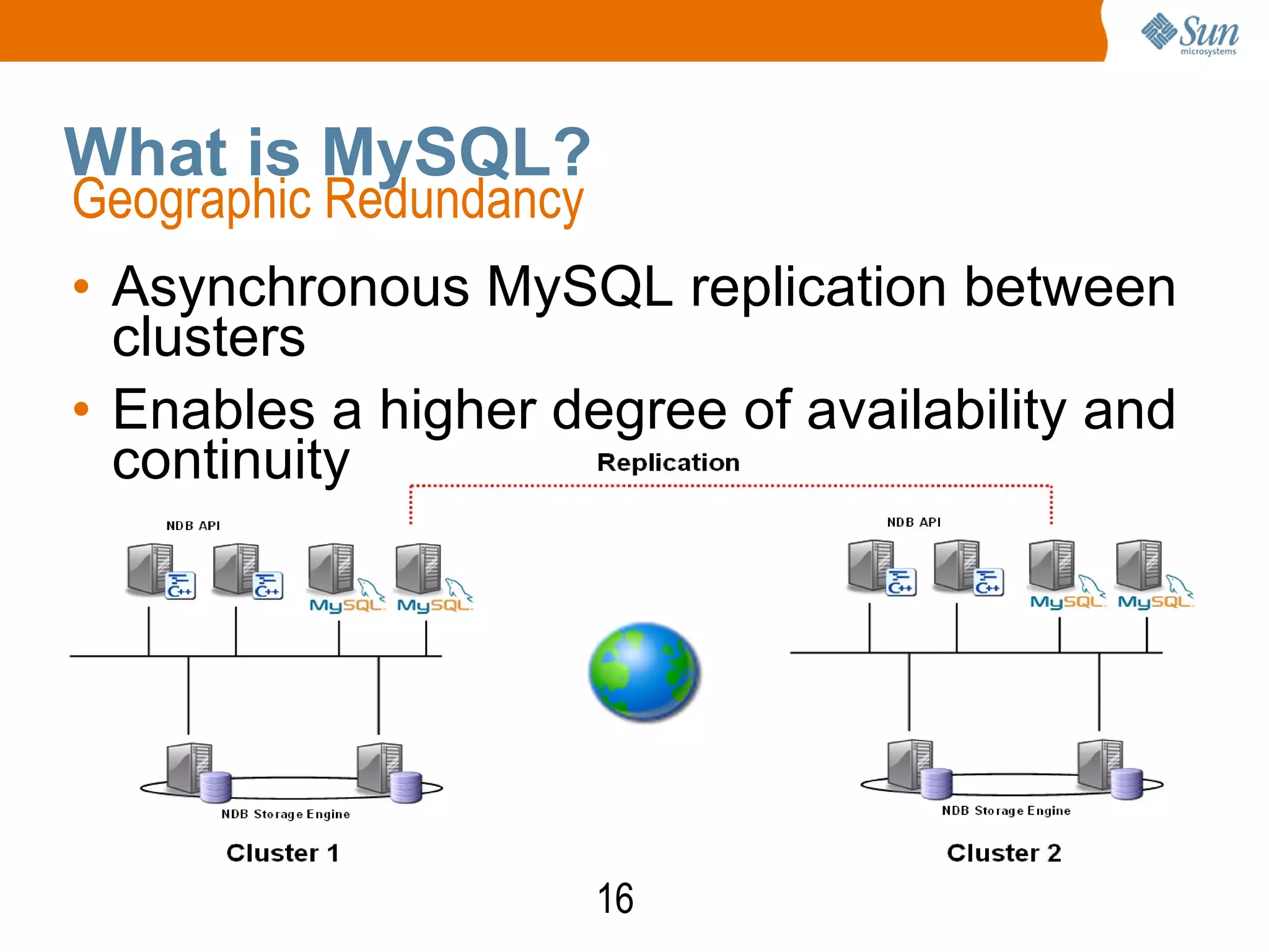16
What is MySQL?
Geographic Redundancy
• Asynchronous MySQL replication between
clusters
• Enables a higher degree of availability and
continuity
 