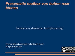Presentatie toolbox van buiten naar binnen Interactieve duurzame bedrijfsvoering Presentatie & concept ontwikkeld door: Krispijn Beek ea. 