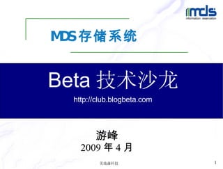 MDS 存储系统 游峰 2009 年 4 月 Beta 技术沙龙 http://club.blogbeta.com 
