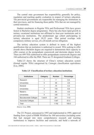 2. NATIONAL CONTEXT – 35



            The central state government has responsibility generally for policy,
        regulation and teaching quality evaluation in respect of tertiary education.
        The provincial governments are responsible for managing the institutions in
        their provinces, and for financing those public TEIs that are not managed by
        central ministries.
             Student enrolments in Regular TEIs and Professional TEIs have grown
        fastest in Bachelor degree programmes. There has also been rapid growth in
        tertiary vocational institutions not affiliated to four-year institutions and in
        privately-run institutions. The predominant age cohort participating in
        tertiary education is aged 18-22 years. That period overlaps with
        compulsory military service, of a 24-month service obligation.
            The tertiary education system is defined in terms of the highest
        qualification that an institution is authorised to award. TEIs seeking to offer
        awards above Bachelor degree are required to demonstrate their capacity to
        offer courses at the postgraduate coursework and doctorate degree levels.
        There are 699 TEIs authorised to offer postgraduate coursework degrees and
        344 authorised to offer the PhD. There are 53 designated Graduate Colleges.
            Table 2.5 shows the structure of China’s tertiary education system
        (formal regular TEIs) categorised by Carnegie classification equivalence
        (Liu, 2006).

                    Table 2.5 Classification of tertiary education institutions

                         Institutions           Category           Number         Percentage

                 Research                             I                7             0.4
                 Universities                        II               48             2.8
                 Doctoral                             I               74             4.3
                 Universities                        II               116            6.8
                 Master’s                             I               83             4.9
                 Universities                        II               126            7.4
                 Baccalaureate Colleges           I and II            201            11.8
                 Associate Colleges                                  1 047           61.5
                 Total                                               1 702          100.0
             Source: Liu, 2006.


             The 211 Project, announced in 1993 and implemented in 1995, approved
        funding from a pool of RMB 30 billion for 100 universities (including some
        that had merged into more comprehensive research and teaching
        institutions) to improve facilities and curricula, and build a network of

OECD REVIEWS OF TERTIARY EDUCATION – CHINA – ISBN-978-92-64-03934-6 © OECD 2009
 