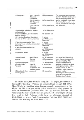2. NATIONAL CONTEXT – 39




                               1. Monograph            More than 400     300 scores/book    For books that are produced
                                                       thousand                             by more than one person, it is
                                                       characters                           the responsibility of the first
                                                       200 thousand –    240 scores /book   author to allocate the scores,
                                                       400 thousand                         the first author should be a
   III. Books




                                                       character                            faculty and/or staff working at
                                                       Less than 200     200 scores /book   this university.
                                                       thousand
                                                       character
                               2. Compilation, translation, ancient      100 scores /book
                               books collating
                               3.Reference books, popular science        50 scores /book
                               readings, videos
                               1. 21 Century Teaching Materials or       7 scores
                               National-level key teaching materials     per 10 thousand
   IV. Teaching Materials




                                                                         characters
                               2. Teaching materials for TEIs            6 scores
                               (including those edited under direction   per 10 thousand
                               of the MoE)                               characters
                               3. Teaching materials for K-12            5 scores
                               education                                 per 10 thousand
                                                                         characters
                               4. Reference books                        4 scores
                                                                         per 10 thousand
                                                                         characters
                               1.National-level         Key projects     800 scores/item    For projects conducted by
                               projects                 General          400 scores/item    more than one person, it is
   V. Research Projects




                                                        projects                            the responsibility of the
                               2. Provincial projects                    300 scores/item    principal researcher to
                               3.Collaborative        Natural            8 scores/item      allocate the scores, and the
                               Projects)              sciences                              hosting organisation of the
                                                      Humanities and     25 scores/item     project should be this
                                                      social sciences                       university; participating in
                               4.Educational reform projects at          50 scores/item     projects in other
                               university level                                             TEIs/organisations/agencies
                                                                                            shall be considered as
                                                                                            Collaborative Projects.


                                In several cases, the structural salary of a TEI employee comprises a
                            base paid by the state (40%) and an amount offered by each TEI (60%).
                            Many TEIs have established a tiered salary system by appointment post (see
                            Figure 2.1). The tiered post salary system involves the salary payable by
                            level of appointment (academic rank) and by workload standard. An
                            “allowance standard” is set for each category of post. For example, a Grade
                            One level A Full Professor might have an allowance standard of
                            RMB 35 000 per year, a Grade Two Associate Professor, RMB 20 000, and
                            a Grade Four Teaching Assistant, RMB 8 000.




OECD REVIEWS OF TERTIARY EDUCATION – CHINA – ISBN-978-92-64-03934-6 © OECD 2009
 