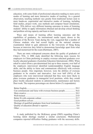 68 – 5. LEARNING EFFECTIVENESS AND QUALITY

      education, with some fields of professional education tending to more active
      modes of learning and more interactive modes of teaching. As a general
      observation, teaching methods vary greatly from traditional lecture style to
      more hands-on, experiential and interactive modes of learning, including
      field studies, project work, case methods and computer based simulations.
      Hence, TEIs deliver very different learning outcomes in terms of fostering
      students’ ability to apply information obtained and develop critical thinking
      and problem solving capacity and learn to learn.
          Ways and means of learning affect learning outcomes and the
      capabilities of graduates. An international media report, drawn to the
      attention of the Review Team during the visit, suggested that a number of
      Chinese students who had scored highly on the national entrance
      examination failed to gain admission to the University of Hong Kong
      because at interview they failed to demonstrate knowledge apart from what
      they had memorised for the exam (Hartmann, 2007).
           There are more widespread concerns about the quality of graduates of
      China’s TEIs. A 2006 study identified the following main reasons for
      employers in China preferring to employ overseas educated graduates over
      locally educated graduates (Australian Education International, 2006). When
      asked to select (from a pre-determined list) up to three reasons, over half of
      the employers interviewed identified (understandably) English language
      skills, and the ability to liaise and communicate effectively with overseas
      business people. Also important, however, were the abilities of overseas
      graduates to be creative and innovative. Just over half (56%) of the
      employers who were interviewed indicated that they were more likely to
      place overseas graduates in managerial level positions, while they would
      place locally educated students in administration, maintenance and factory
      floor work. The response percentages are shown below (% respondents):

       Better English.......................................................................................... 59.2
       Can communicate and liaise with overseas business people ................... 56.6
       More creative .......................................................................................... 38.2
       Well-trained ............................................................................................ 25.0
       Better fit with corporate culture .............................................................. 23.7
       Good problem solvers ............................................................................. 22.4
       Shortage of qualified graduates from local institutions........................... 22.4
       Quality of education abroad is superior .................................................... 6.6
       Other ......................................................................................................... 6.6

         A study published by the McKinsey group (2005) regarding China’s
      looming talent shortage reached a similar conclusion. Multinational
      companies reported difficulties finding graduates with the necessary skills.

                                        OECD REVIEWS OF TERTIARY EDUCATION – CHINA – ISBN-978-92-64-03934-6 © OECD 2009
 
