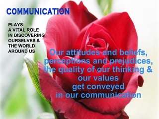 COMMUNICATION PLAYS  A VITAL ROLE IN DISCOVERING  OURSELVES &  THE WORLD  AROUND US Our attitudes and beliefs, perceptions and prejudices,  the quality of our thinking & our values get conveyed in our communication 