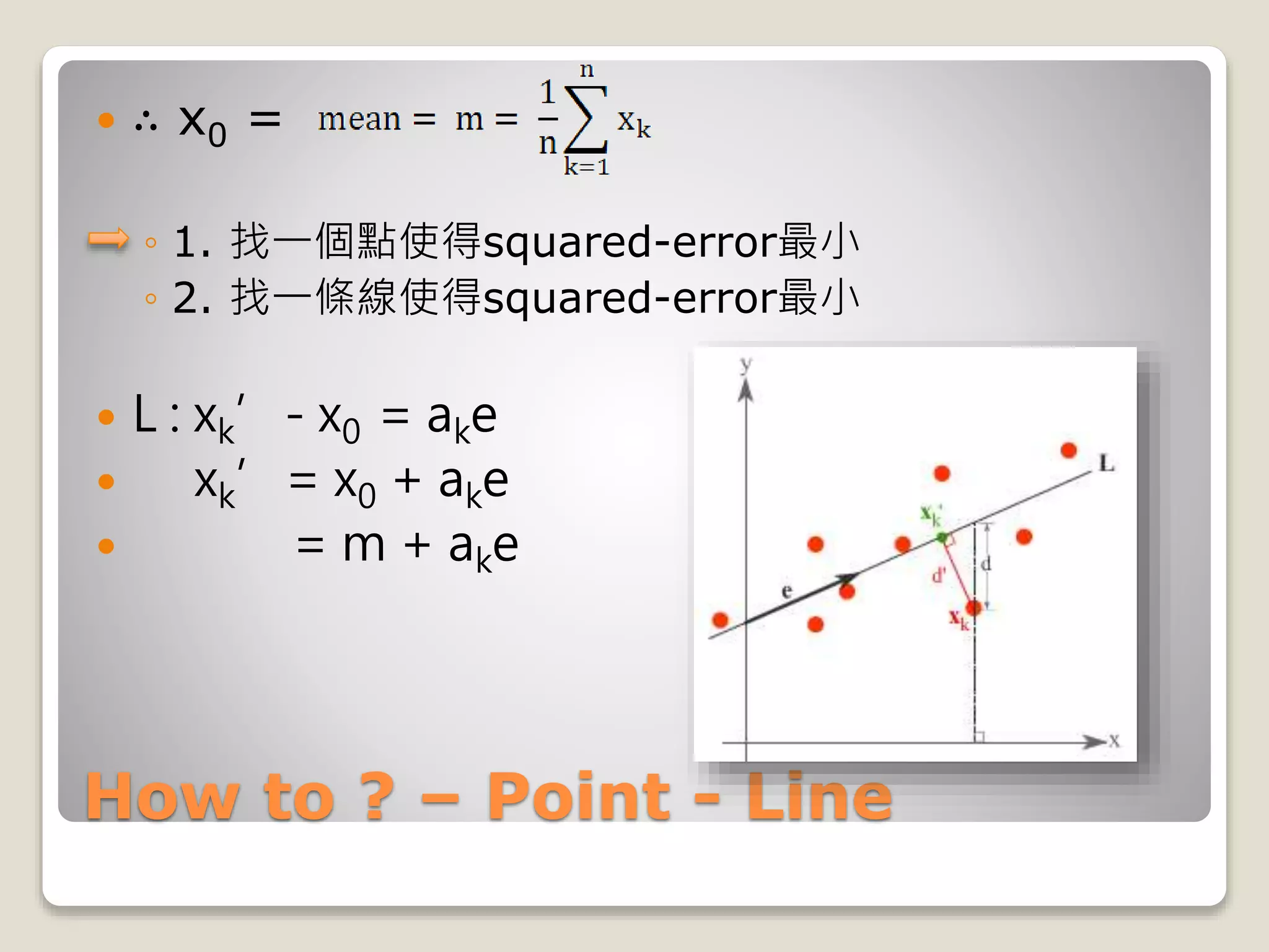 How to ? – Point - Line
 ∴ x0 =
◦ 1. 找一個點使得squared-error最小
◦ 2. 找一條線使得squared-error最小
 L : xk’- x0 = ake
 xk’= x0 + ake
 = m + ake
 
