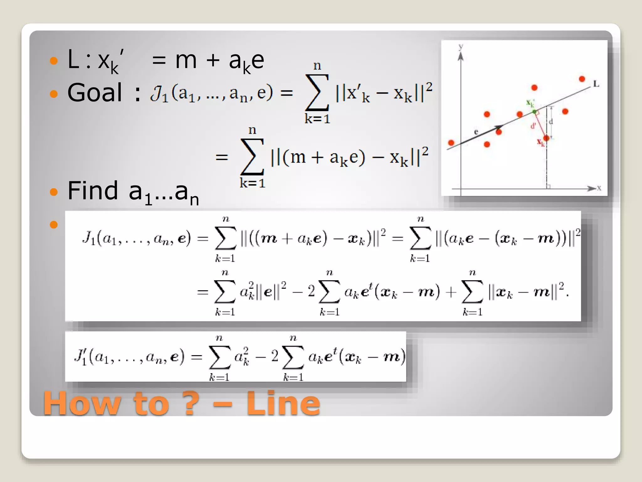 How to ? – Line
 L : xk’ = m + ake
 Goal :
 Find a1…an

 