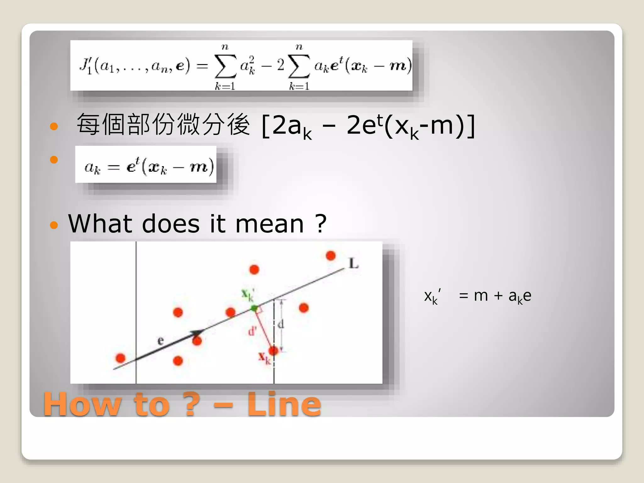 How to ? – Line
 每個部份微分後 [2ak – 2et(xk-m)]

 What does it mean ?
xk’ = m + ake
 