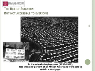 THE RISE OF SUBURBIA:
BUT NOT ACCESSIBLE TO EVERYONE




                                                                        13
                   In the suburb-shaping years (1930-1960),
          less than one-percent of all African Americans were able to
                              obtain a mortgage.
 