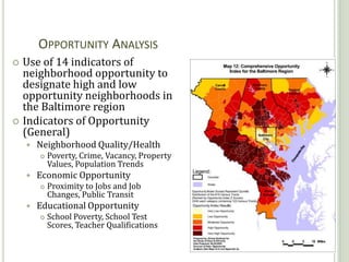OPPORTUNITY ANALYSIS
 Use of 14 indicators of
  neighborhood opportunity to
  designate high and low
  opportunity neighborhoods in
  the Baltimore region
 Indicators of Opportunity
  (General)
       Neighborhood Quality/Health
           Poverty, Crime, Vacancy, Property
            Values, Population Trends
       Economic Opportunity
           Proximity to Jobs and Job
            Changes, Public Transit
       Educational Opportunity
           School Poverty, School Test
            Scores, Teacher Qualifications

                                                34
 