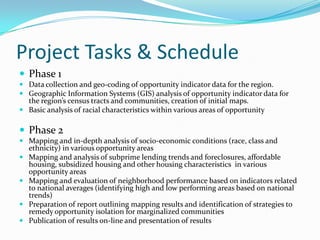Project Tasks & Schedule
 Phase 1
 Data collection and geo-coding of opportunity indicator data for the region.
 Geographic Information Systems (GIS) analysis of opportunity indicator data for
  the region’s census tracts and communities, creation of initial maps.
 Basic analysis of racial characteristics within various areas of opportunity

 Phase 2
 Mapping and in-depth analysis of socio-economic conditions (race, class and
    ethnicity) in various opportunity areas
   Mapping and analysis of subprime lending trends and foreclosures, affordable
    housing, subsidized housing and other housing characteristics in various
    opportunity areas
   Mapping and evaluation of neighborhood performance based on indicators related
    to national averages (identifying high and low performing areas based on national
    trends)
   Preparation of report outlining mapping results and identification of strategies to
    remedy opportunity isolation for marginalized communities
   Publication of results on-line and presentation of results
 