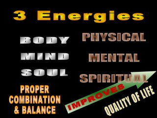 BODY MIND SOUL 3 Energies PROPER COMBINATION & BALANCE IMPROVES PHYSICAL MENTAL SPIRITUAL QUALITY OF LIFE 