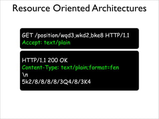 Resource Oriented Architectures

  GET /position/wqd3,wkd2,bke8 HTTP/1.1
  Accept: text/plain


  HTTP/1.1 200 OK
  Conten...