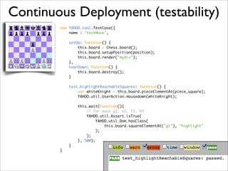 Continuous Deployment (testability)
        new YAHOO.tool.TestCase({
            name : quot;testMovequot;,

            ...