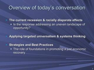 Overview of today’s conversation The current recession & racially disparate effects Is the response addressing an uneven landscape of opportunity? Applying targeted universalism & systems thinking Strategies and Best Practices The role of foundations in promoting a just economic recovery 
