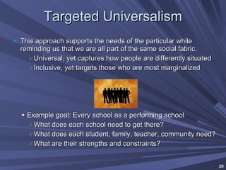 Targeted Universalism This approach supports the needs of the particular while reminding us that we are all part of the same social fabric. Universal, yet captures how people are differently situated  Inclusive, yet targets those who are most marginalized Example goal: Every school as a performing school What does each school need to get there? What does each student, family, teacher, community need? What are their strengths and constraints? 