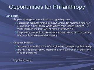 Opportunities for Philanthropy Long term : Employ strategic communications regarding race Help push national dialogue to overcome the common binary of (1) we’re in a post-racial world where race ‘doesn’t matter’; (2) we’re stuck in the past where race is ‘everything’ Emphasize productive discussions around race that thoughtfully inform policy design and advocacy Capacity building Increase the participation of marginalized groups in policy design Improve data collection, monitoring, and evaluation of state and federal programs Legal advocacy 