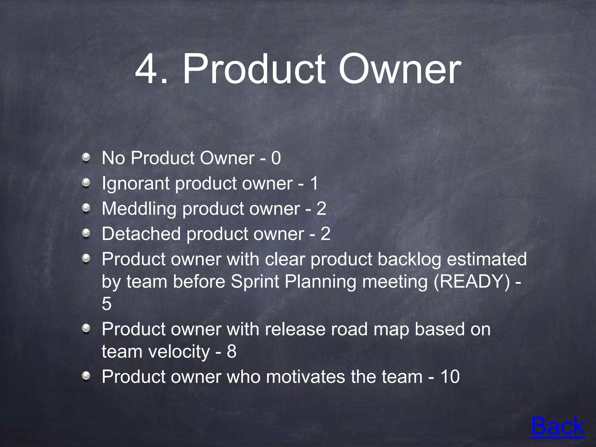 4. Product Owner
No Product Owner - 0
Ignorant product owner - 1
Meddling product owner - 2
Detached product owner - 2
Product owner with clear product backlog estimated
by team before Sprint Planning meeting (READY) -
5
Product owner with release road map based on
team velocity - 8
Product owner who motivates the team - 10
Back
 