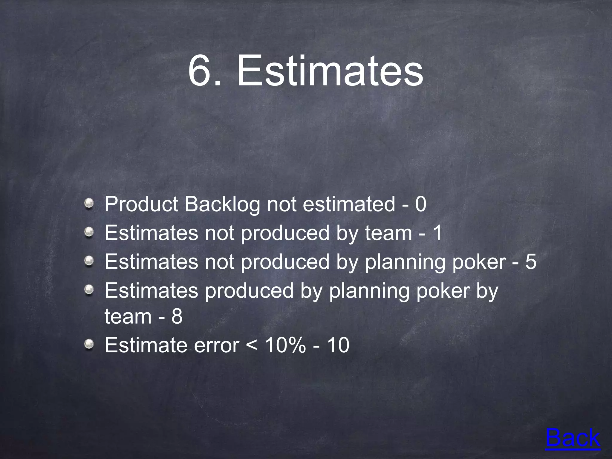 6. Estimates
Product Backlog not estimated - 0
Estimates not produced by team - 1
Estimates not produced by planning poker - 5
Estimates produced by planning poker by
team - 8
Estimate error < 10% - 10
Back
 