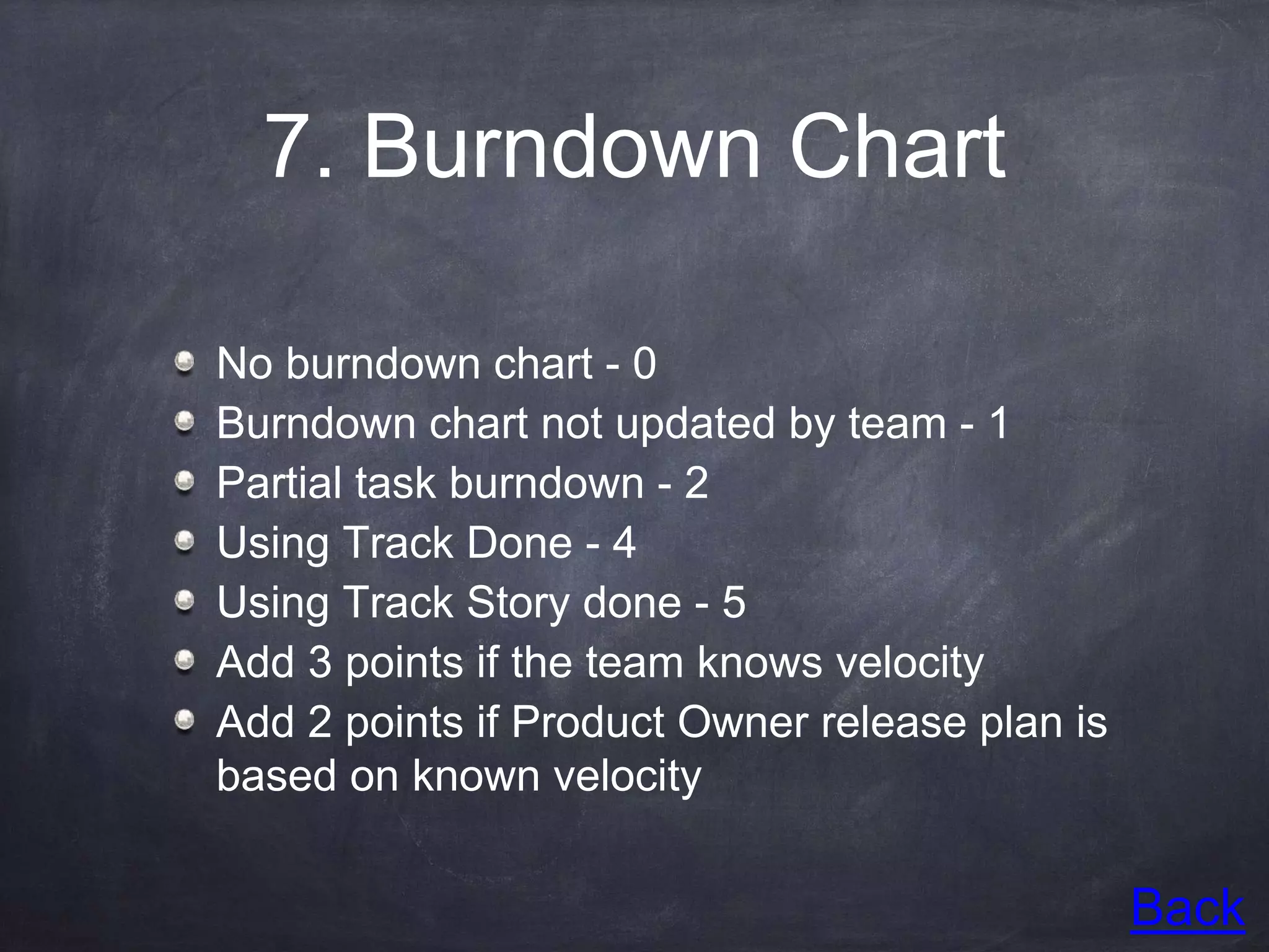 7. Burndown Chart
No burndown chart - 0
Burndown chart not updated by team - 1
Partial task burndown - 2
Using Track Done - 4
Using Track Story done - 5
Add 3 points if the team knows velocity
Add 2 points if Product Owner release plan is
based on known velocity
Back
 