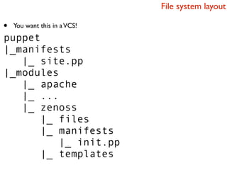 File system layout

•   You want this in a VCS!
puppet
|_manifests
   |_ site.pp
|_modules
   |_ apache
   |_ ...
   |_ zenoss
       |_ files
       |_ manifests
          |_ init.pp
       |_ templates
 