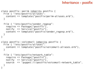 Inheritance - postﬁx

class postfix::perim inherits postfix {
  File { “/etc/postfix/aliases”:
    content => template(“postfix/perim-aliases.erb”),
  }

    file { “/etc/postfix/sender_regexp”:
      require => Package[“postfix”],
      notify => Service[“postfix”],
      content => template(“postfix/sender_regexp.erb”),
    }
}

class postfix::voicemail inherits postfix {
  File { “/etc/postfix/aliases”:
    content => template(“postfix/voicemail-aliases.erb”),
  }

    file { “/etc/postfix/network_table”:
      require => Package[“postfix”],
      notify => Service[“postfix”],
      source => “puppet:///postfix/voicemail-network_table”,
    }
}
 