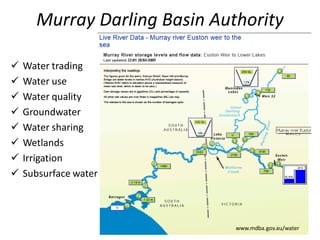 Murray Darling Basin Authority
www.mdba.gov.au/water
 Water trading
 Water use
 Water quality
 Groundwater
 Water sharing
 Wetlands
 Irrigation
 Subsurface water
 