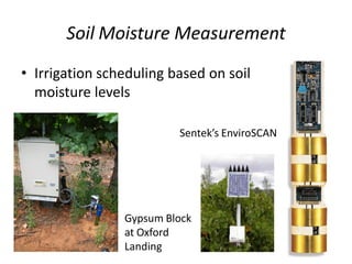 Soil Moisture Measurement
• Irrigation scheduling based on soil
moisture levels
Sentek’s EnviroSCAN
Gypsum Block
at Oxford
Landing
 