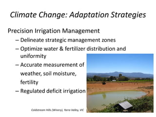 Climate Change: Adaptation Strategies
Precision Irrigation Management
– Delineate strategic management zones
– Optimize water & fertilizer distribution and
uniformity
– Accurate measurement of
weather, soil moisture,
fertility
– Regulated deficit irrigation
Coldstream Hills (Winery), Yarra Valley, VIC
 
