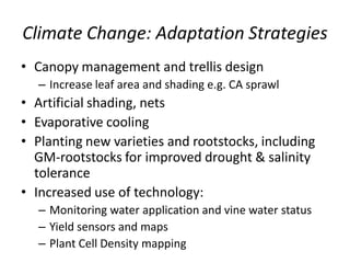 Climate Change: Adaptation Strategies
• Canopy management and trellis design
– Increase leaf area and shading e.g. CA sprawl
• Artificial shading, nets
• Evaporative cooling
• Planting new varieties and rootstocks, including
GM-rootstocks for improved drought & salinity
tolerance
• Increased use of technology:
– Monitoring water application and vine water status
– Yield sensors and maps
– Plant Cell Density mapping
 