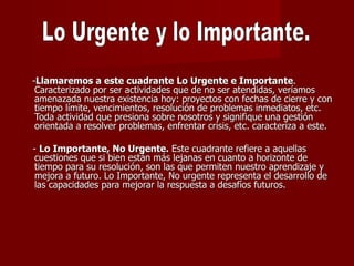 - Llamaremos a este cuadrante Lo Urgente e Importante . Caracterizado por ser actividades que de no ser atendidas, veríamos amenazada nuestra existencia hoy: proyectos con fechas de cierre y con tiempo límite, vencimientos, resolución de problemas inmediatos, etc. Toda actividad que presiona sobre nosotros y signifique una gestión orientada a resolver problemas, enfrentar crisis, etc. caracteriza a este. -  Lo Importante, No Urgente.  Este cuadrante refiere a aquellas cuestiones que si bien están más lejanas en cuanto a horizonte de tiempo para su resolución, son las que permiten nuestro aprendizaje y mejora a futuro. Lo Importante, No urgente representa el desarrollo de las capacidades para mejorar la respuesta a desafíos futuros.  Lo Urgente y lo Importante. 