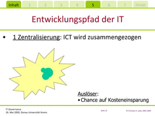Entwicklungspfad der IT 1 Zentralisierung : ICT wird zusammengezogen Auslöser : Chance auf Kosteneinsparung 