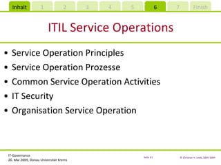 ITIL Service Operations Service Operation Principles Service Operation Prozesse Common Service Operation Activities IT Security Organisation Service Operation 