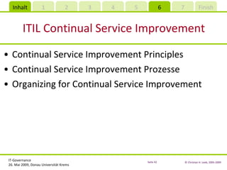 ITIL Continual Service Improvement Continual Service Improvement Principles Continual Service Improvement Prozesse Organizing for Continual Service Improvement  