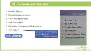 #3 - J’ai appris les 6 règles d’or


‣   Appeller à l’action
‣   Etre authentique et sincère
‣   Créer de l’appropriation
‣   Apporter du sens
‣   Construire une marque solide & ouverte
‣   Tout mesurer
                                   Ce qui ne se mesure pas, ne
                                   se contrôle pas.
Voice Observer                                Proverbe Japonais.
 