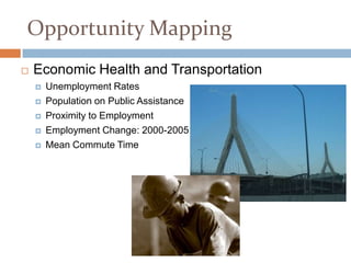 Opportunity Mapping
   Economic Health and Transportation
       Unemployment Rates
       Population on Public Assistance
       Proximity to Employment
       Employment Change: 2000-2005
       Mean Commute Time
 