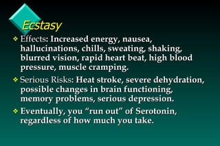 Ecstasy Effects : Increased energy, nausea, hallucinations, chills, sweating, shaking, blurred vision, rapid heart beat, high blood pressure, muscle cramping. Serious Risks : Heat stroke, severe dehydration, possible changes in brain functioning, memory problems, serious depression. Eventually, you “run out” of Serotonin, regardless of how much you take. 