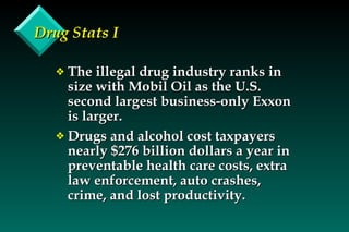 Drug Stats I The illegal drug industry ranks in size with Mobil Oil as the U.S. second largest business-only Exxon is larger. Drugs and alcohol cost taxpayers nearly $276 billion dollars a year in preventable health care costs, extra law enforcement, auto crashes, crime, and lost productivity. 